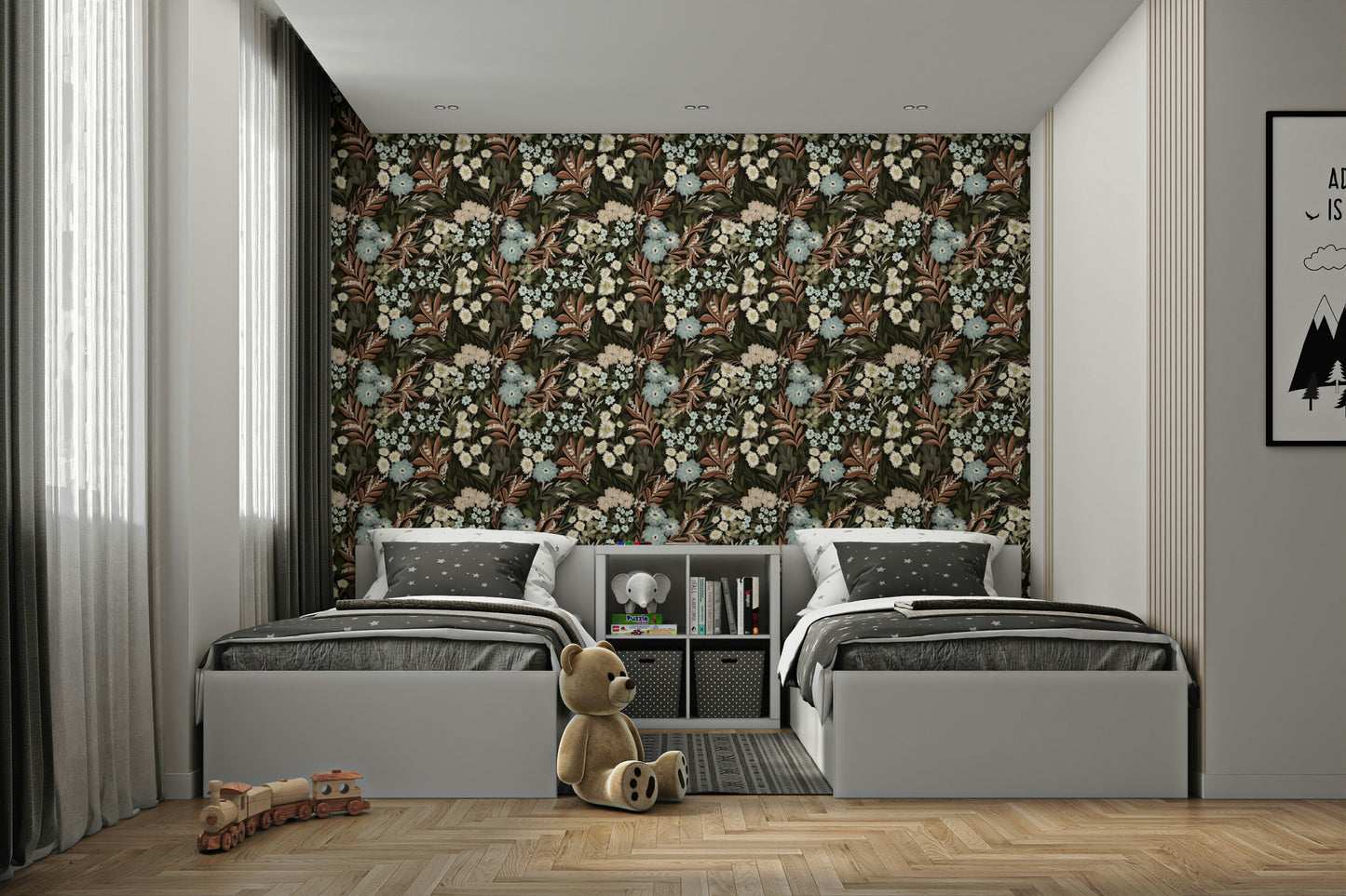 Midnight forest wallpaper with blooming floral design

