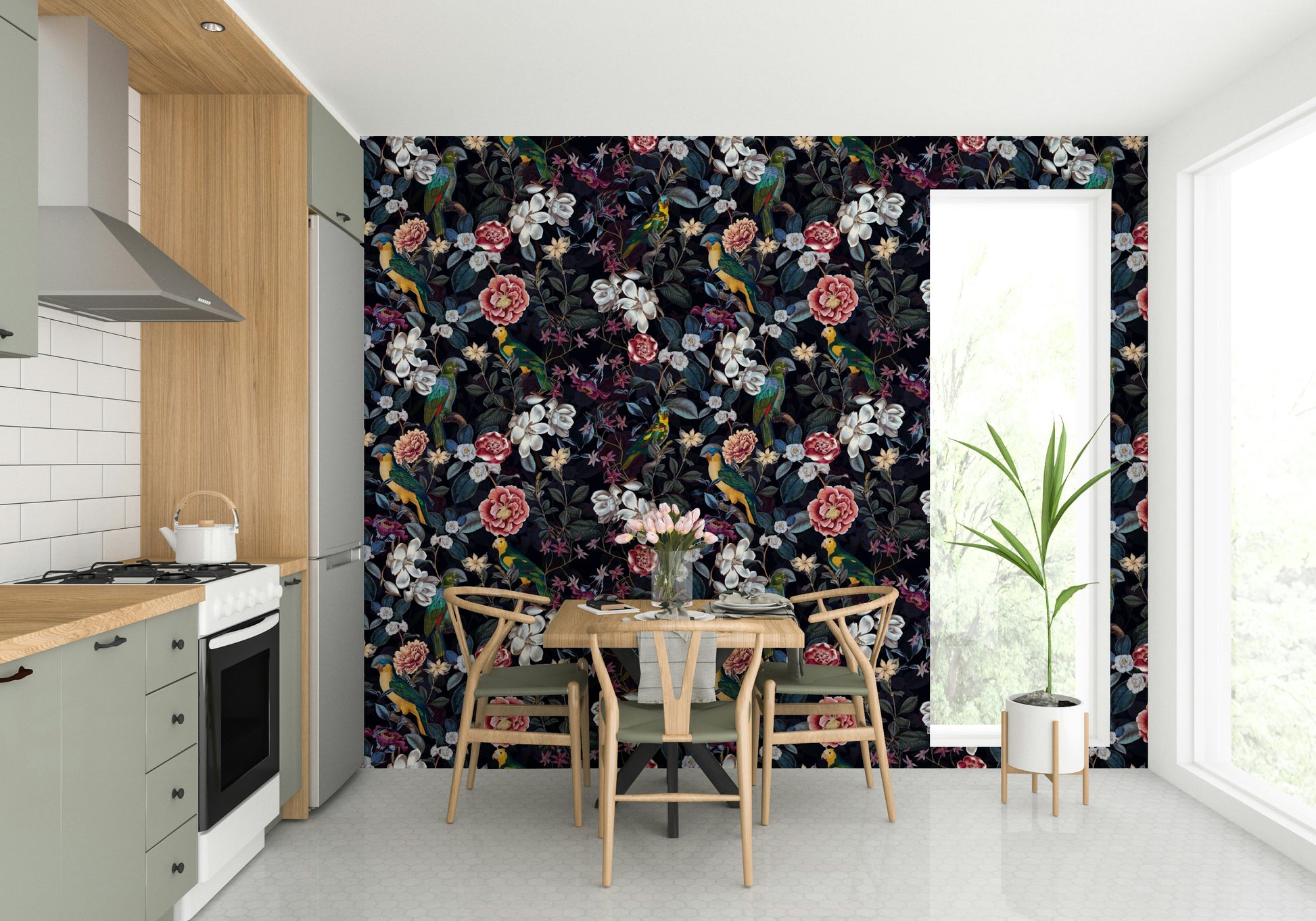 Dramatic floral wallpaper with moody colors and intricate foliage.

