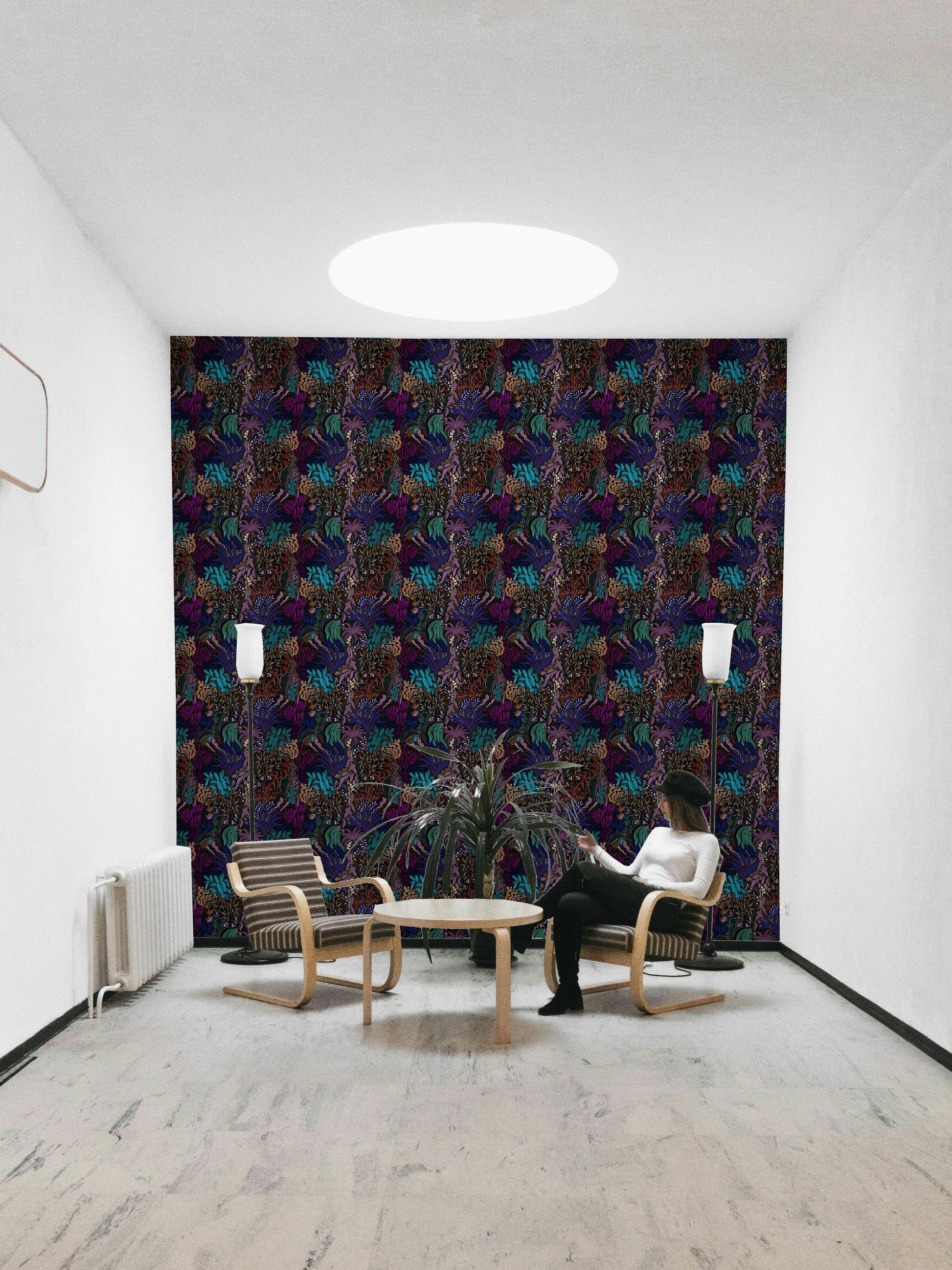 A beautiful midnight jungle wallpaper mural for a modern home.

