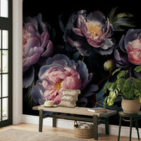 Midnight Peonies mural wallpaper with dark tones

