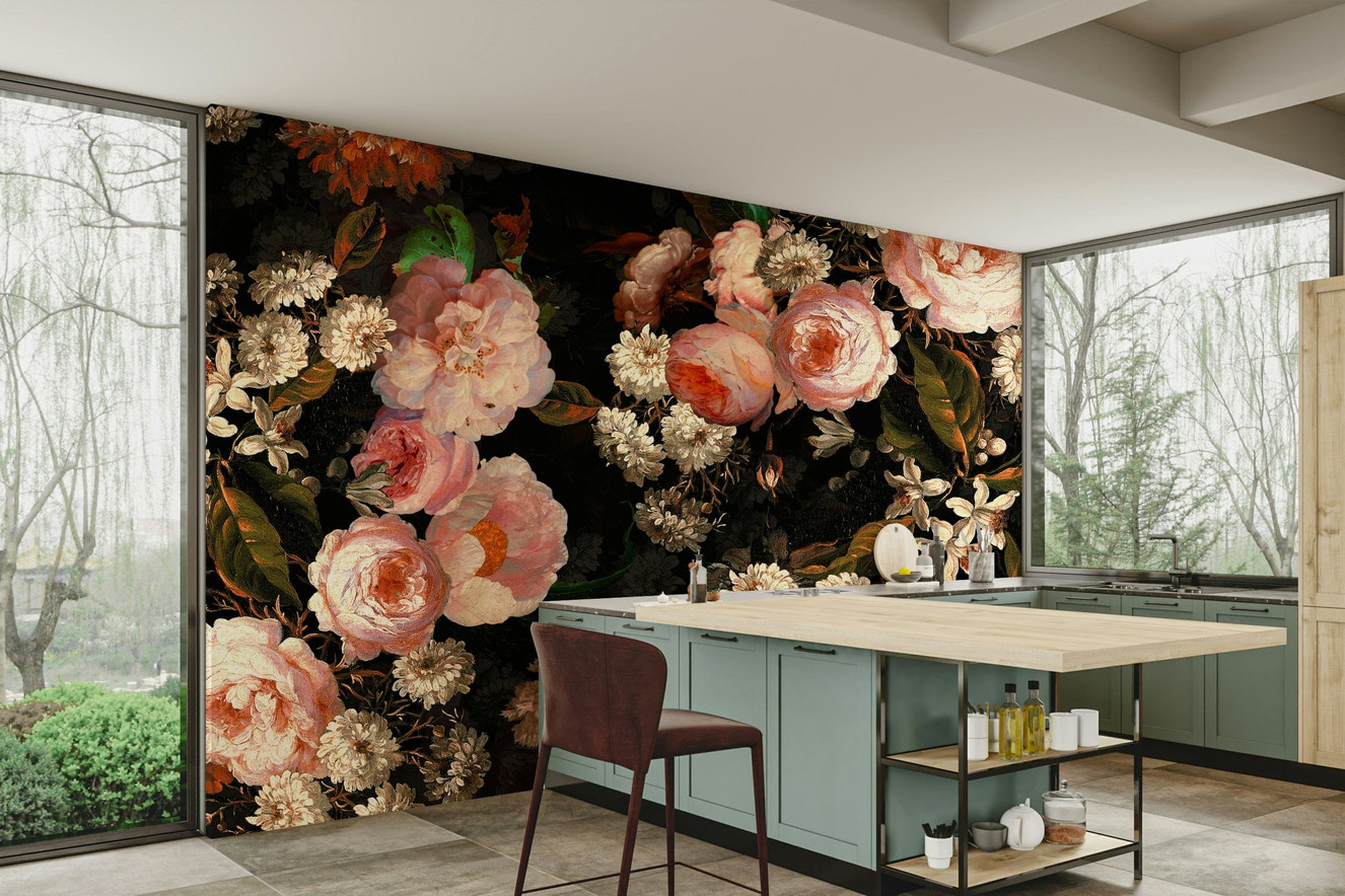 A photo of a Midnight Rose Garden Wall Mural with dark roses.