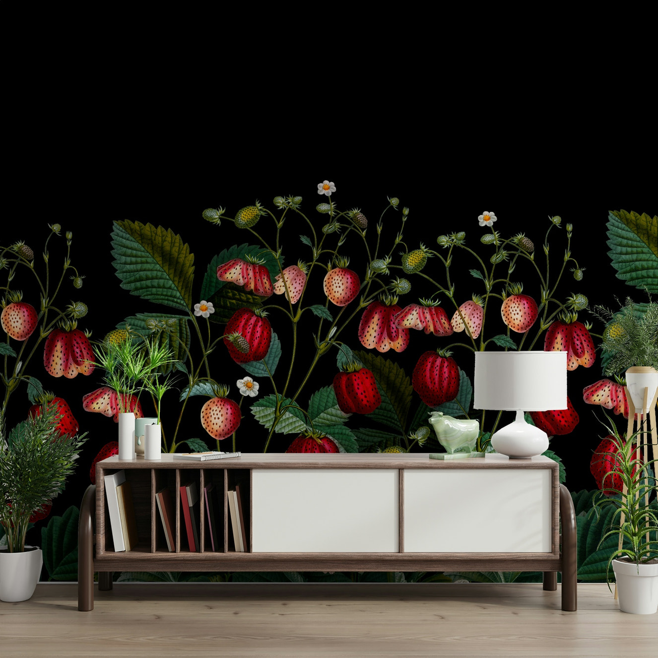 Garden wallpaper with dark tones and fruit

