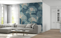 Elegant wall mural Midwinter Gingko Cyanotype with gingko foliage.