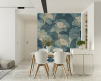 Botanical wallpaper mural Midwinter Gingko Cyanotype in navy shades.