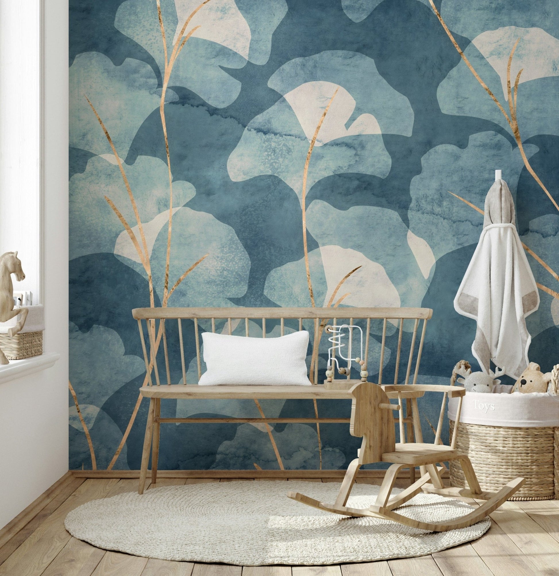 Captivating wallpaper mural Midwinter Gingko Cyanotype stylish bedroom decor.
