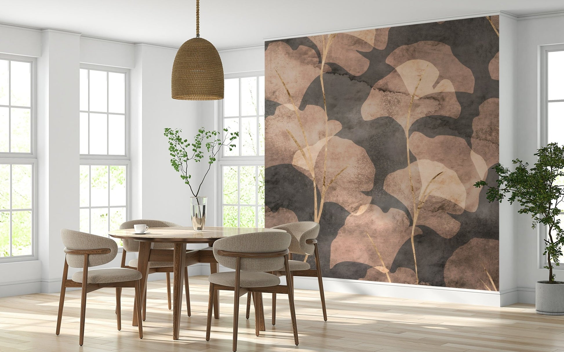 Traditional ginkgo leaf Midwinter Gingko Sepia wallpaper mural design.