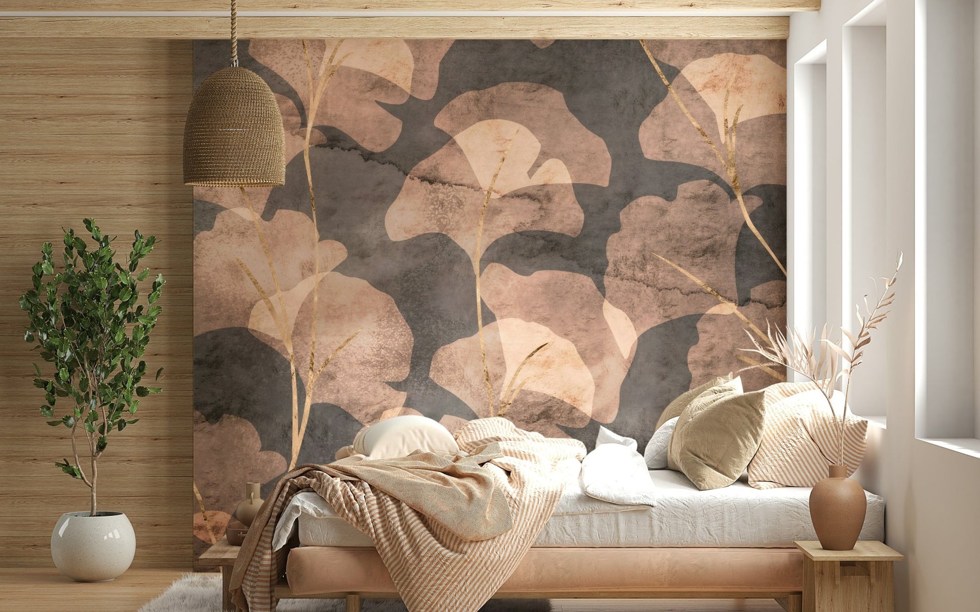 Midwinter Gingko Sepia wallpaper for walls featuring fan-shaped leaves.