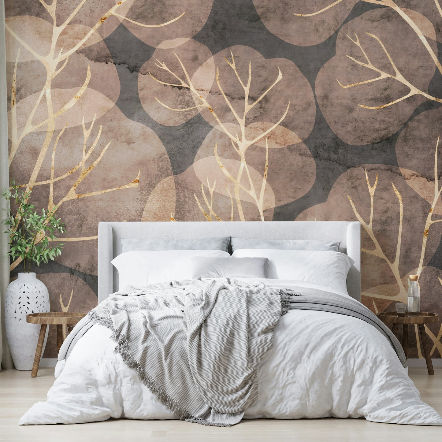 Midwinter leaf mural with soft sepia tones for a tranquil vibe.


