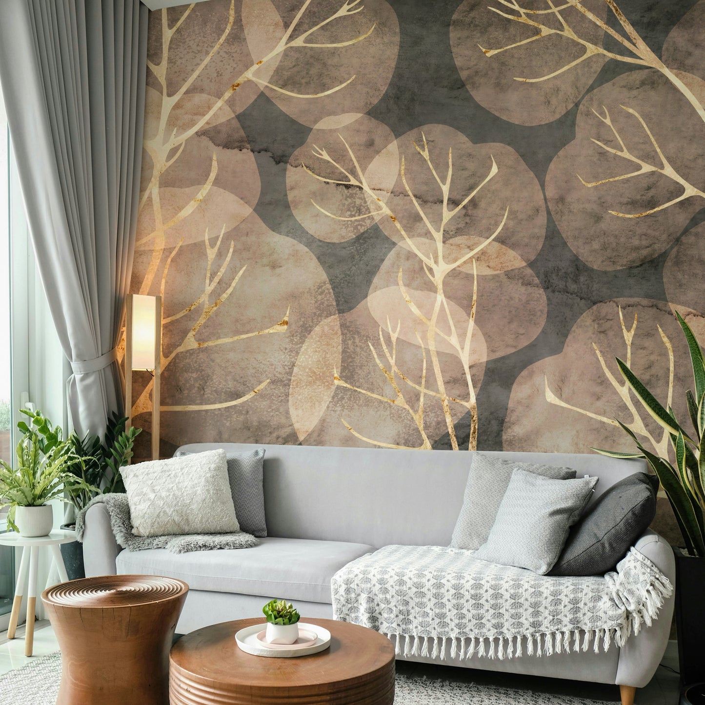 Elegant sepia leaf design mural perfect for serene interiors.

