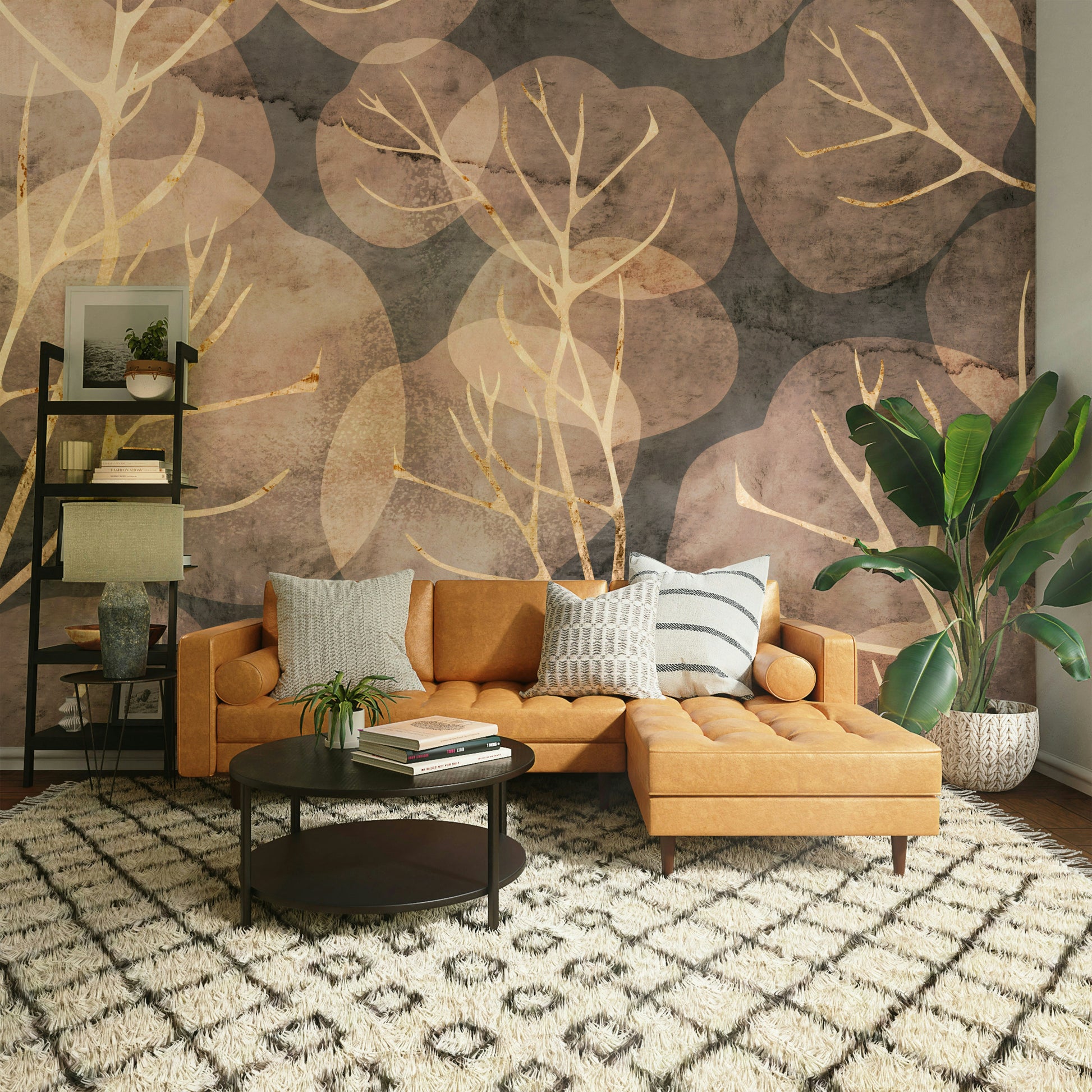 Nature-inspired sepia-toned leaf mural for a peaceful room.

