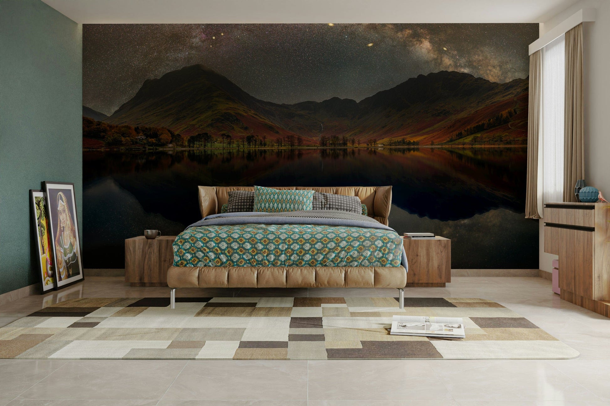 A minimalist interior with the night sky wallpaper.

