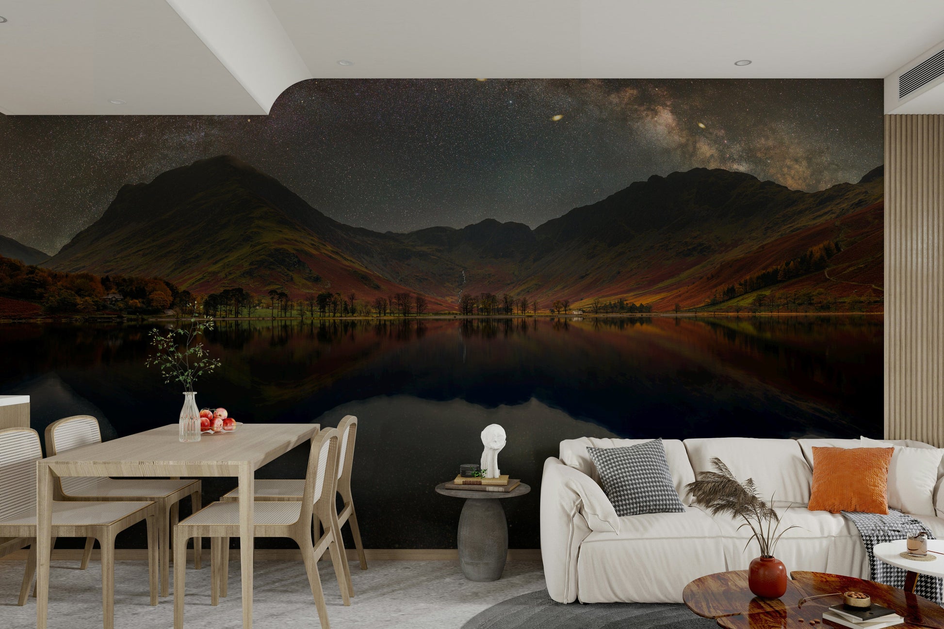 A living room with the celestial wall mural.

