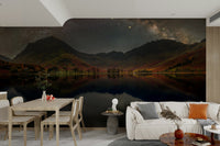 A living room with the celestial wall mural.

