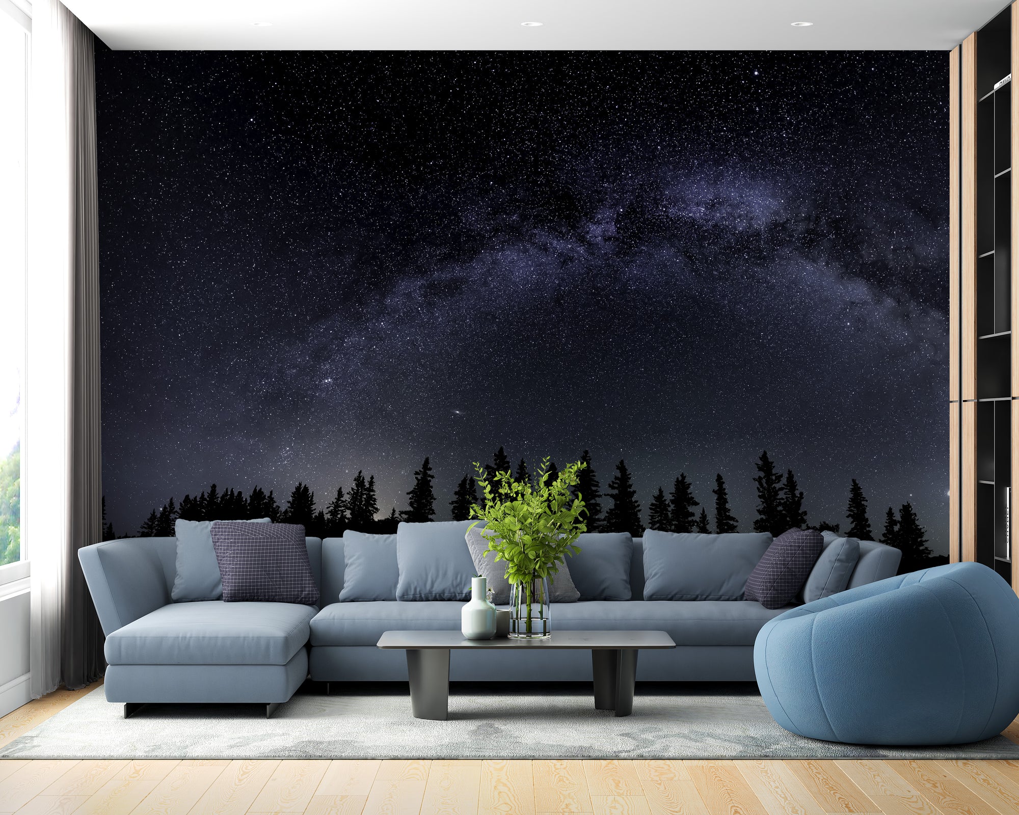 Milky Way Starry Night wallpaper mural shown as a full feature wall that highlights the design