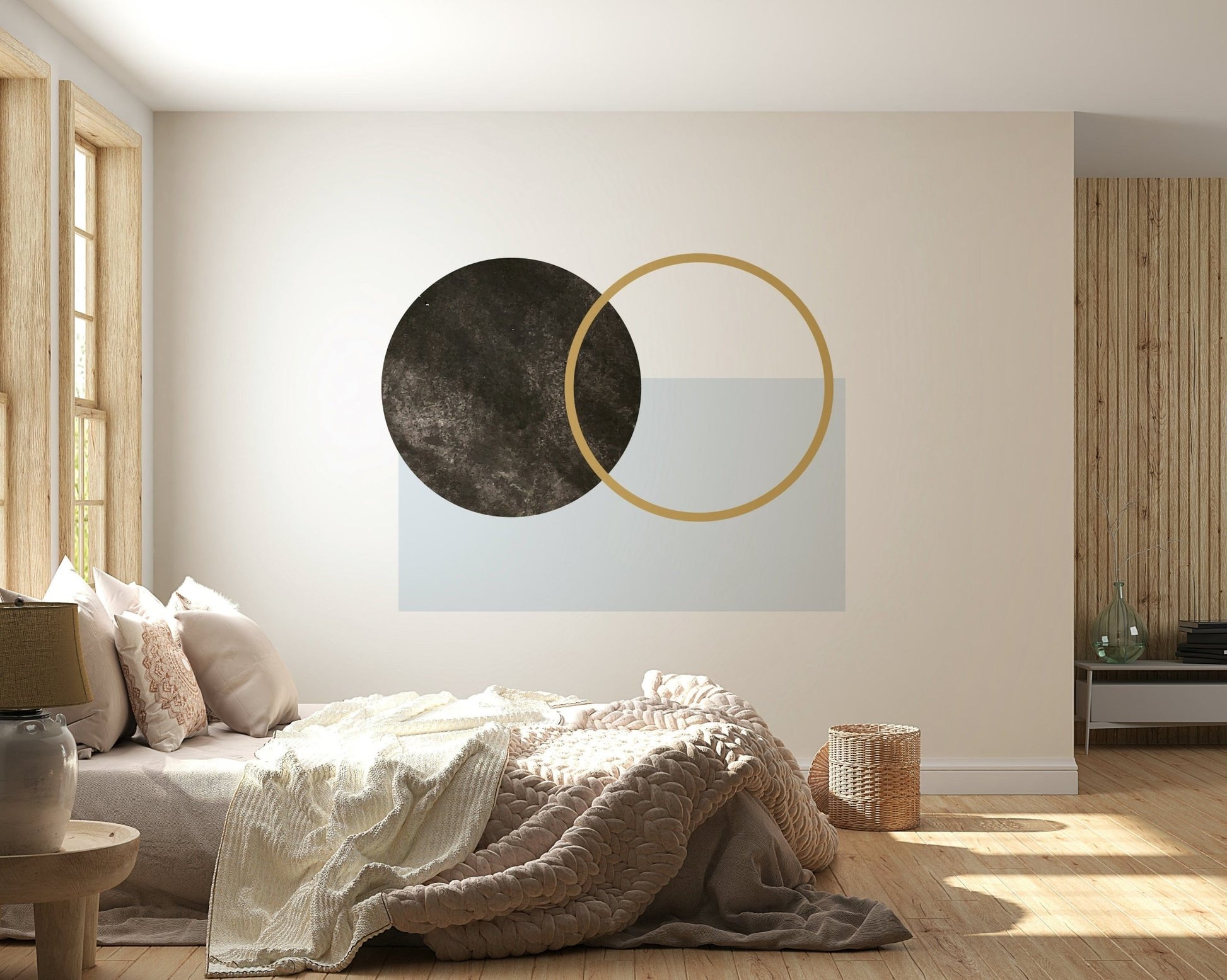 Minimalist composition mural wallpaper, pale blue block background element.