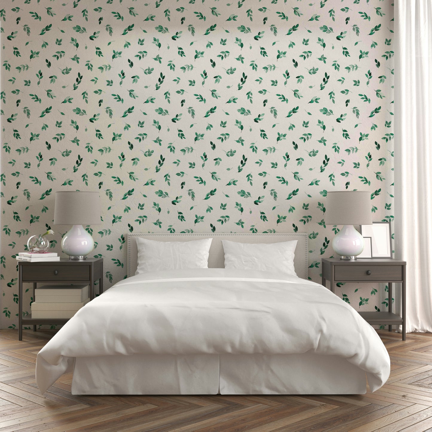 Subtle green leaf wallpaper for rooms

