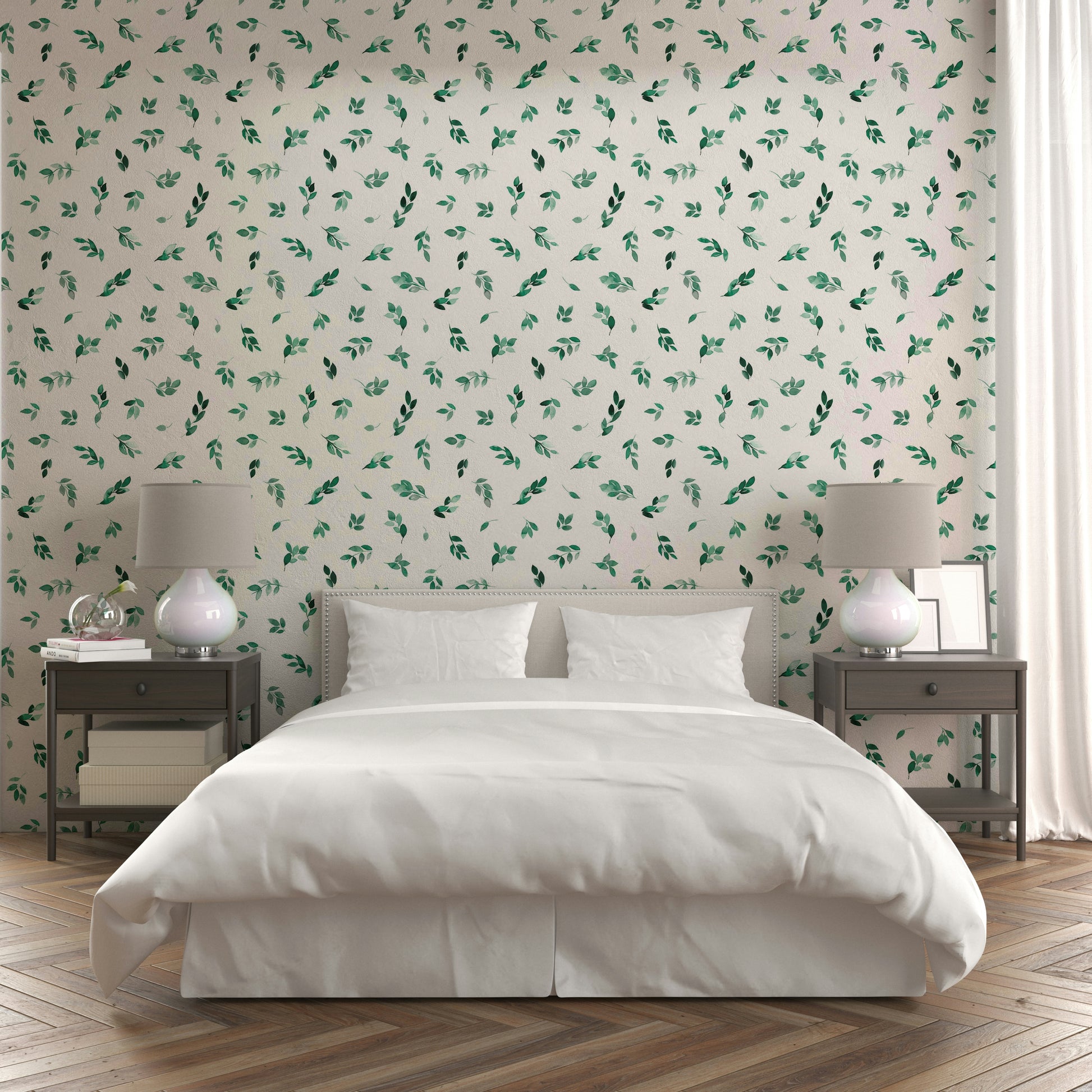Subtle green leaf wallpaper for rooms

