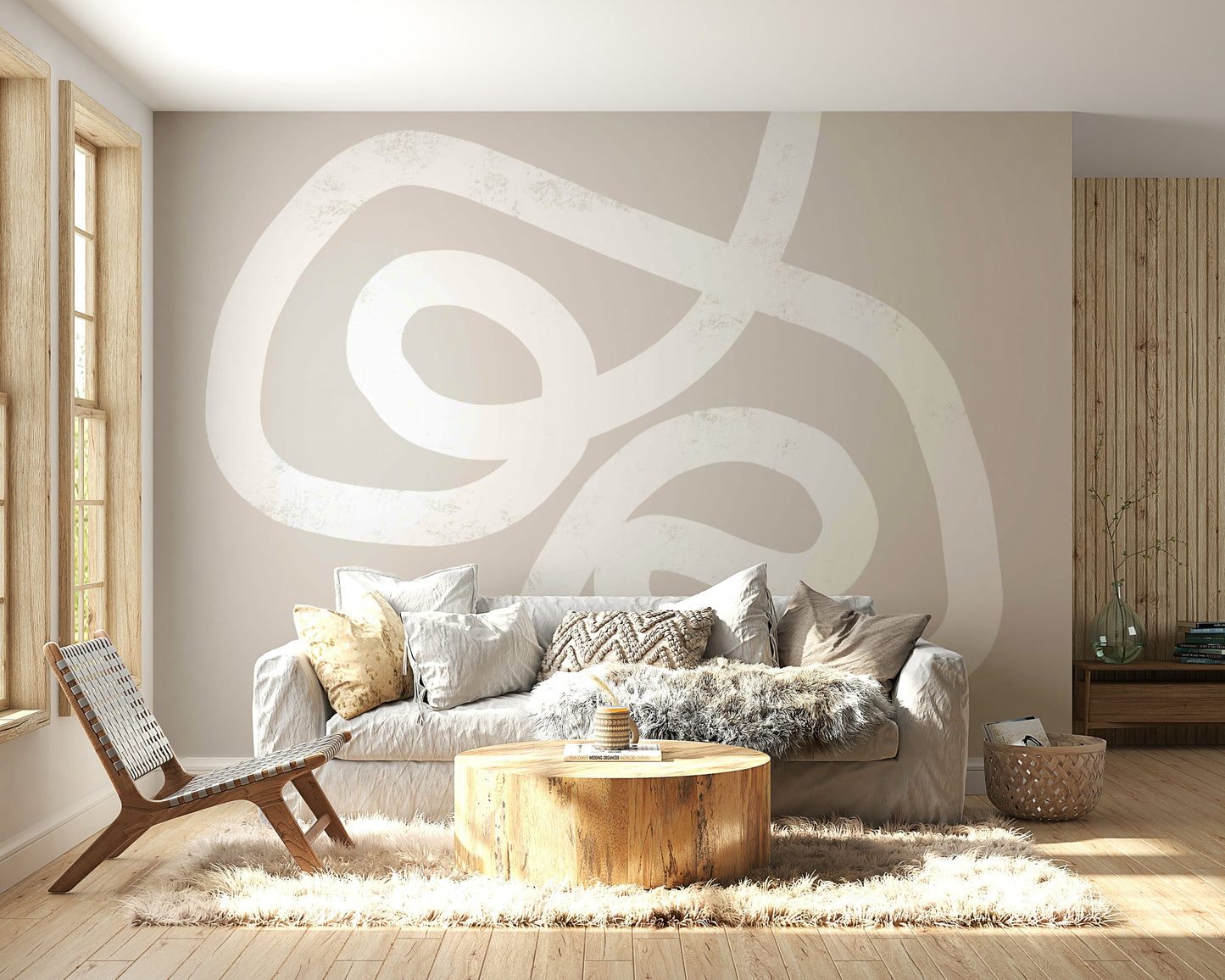 A peaceful repetitive design mural on decorative wallpaper.

