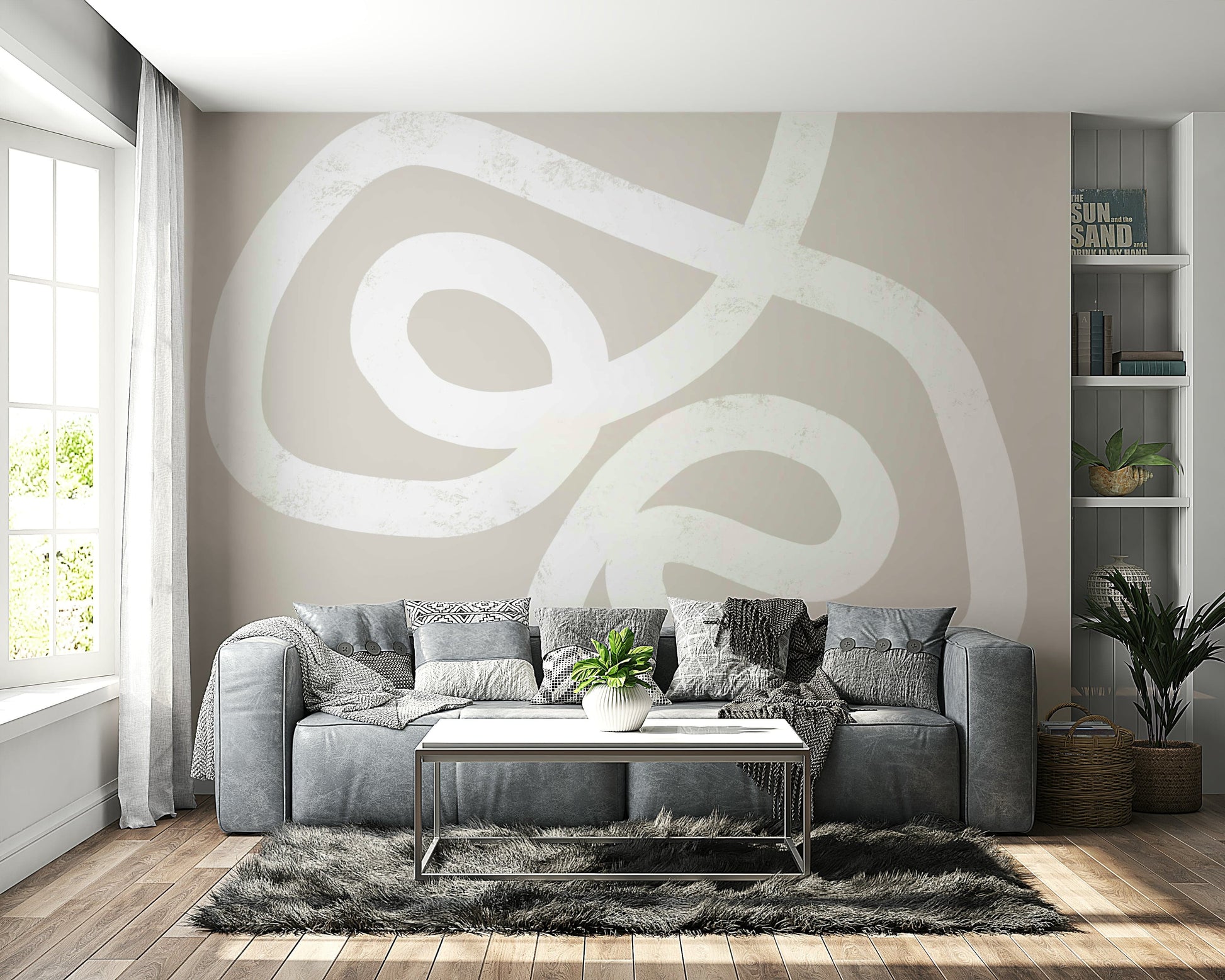 An artistic flowing line mural on minimalist wallpaper.

