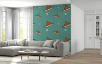 Retro flying saucer wallpaper mural, aqua background, creamy stars pattern.