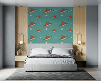 Stylish UFO Blue wall covering, a groovy, mid-century space theme print.