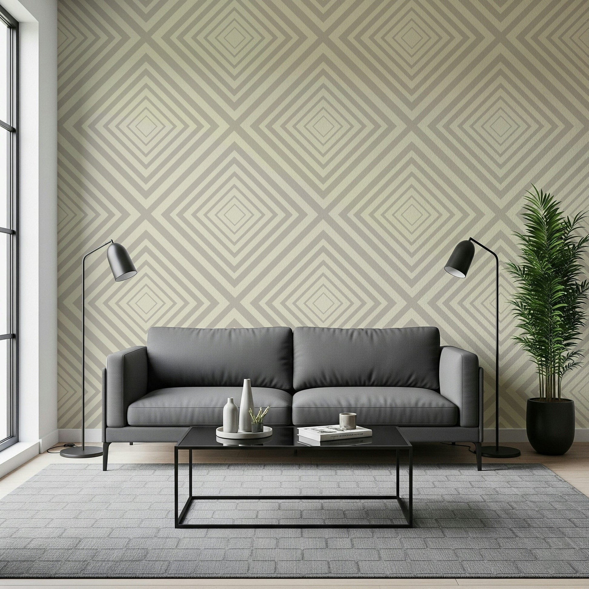 Art Deco inspired wallpaper, precise linear detail, subtle living space pattern.