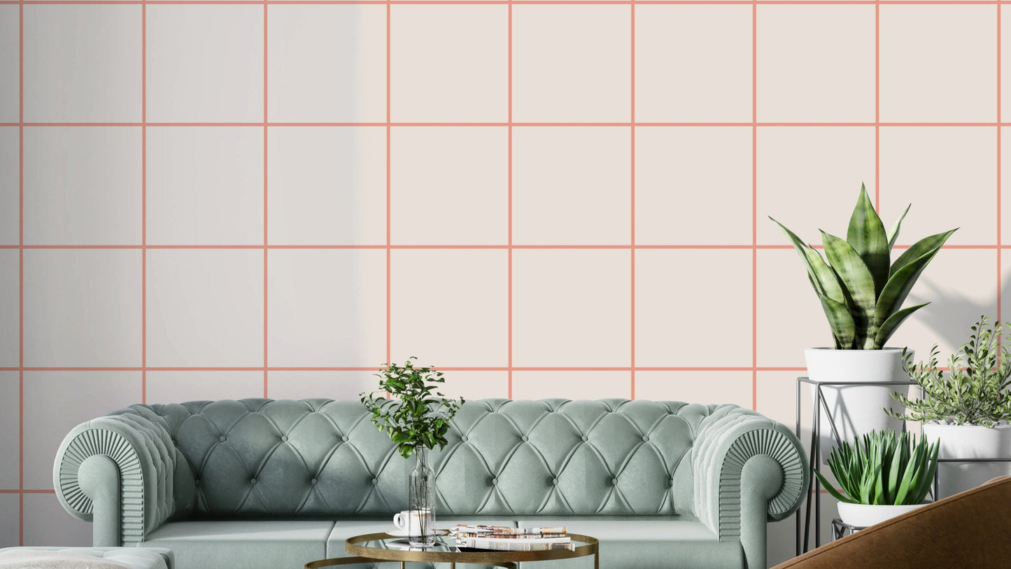 Minimalist grid wallpaper in soft coral rose shade


