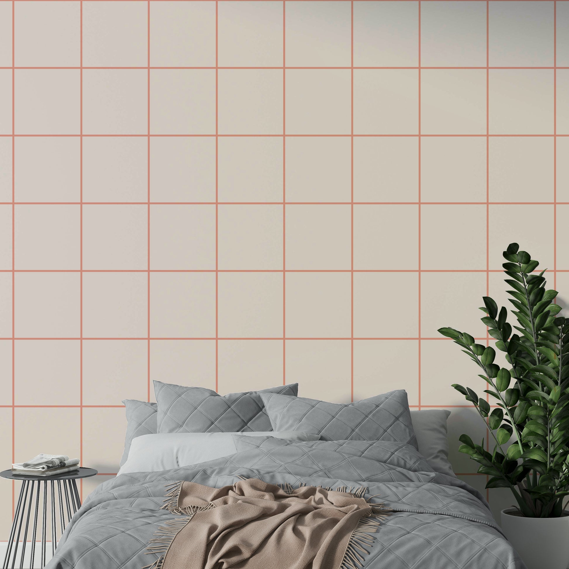 Delicate grid lines over a warm coral rose backdrop

