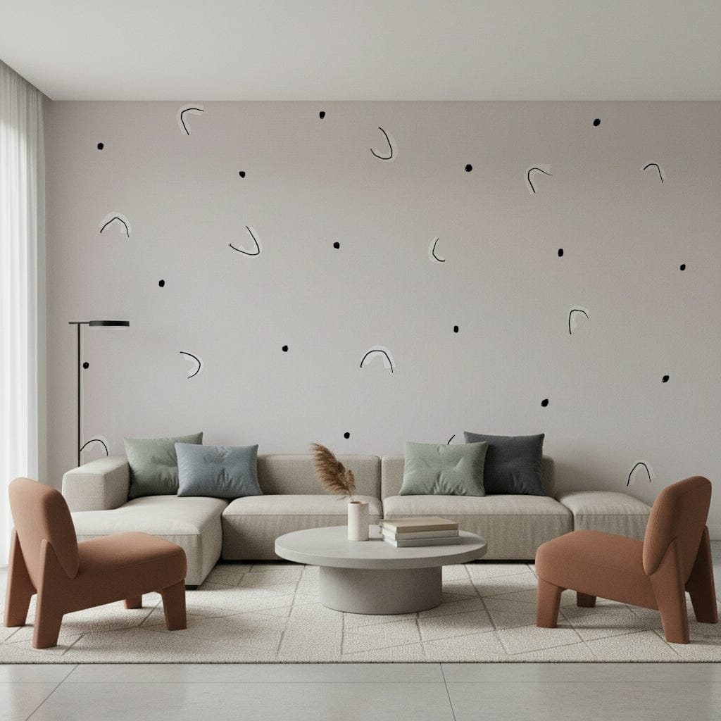 A peaceful modern abstract mural on decorative wallpaper.
