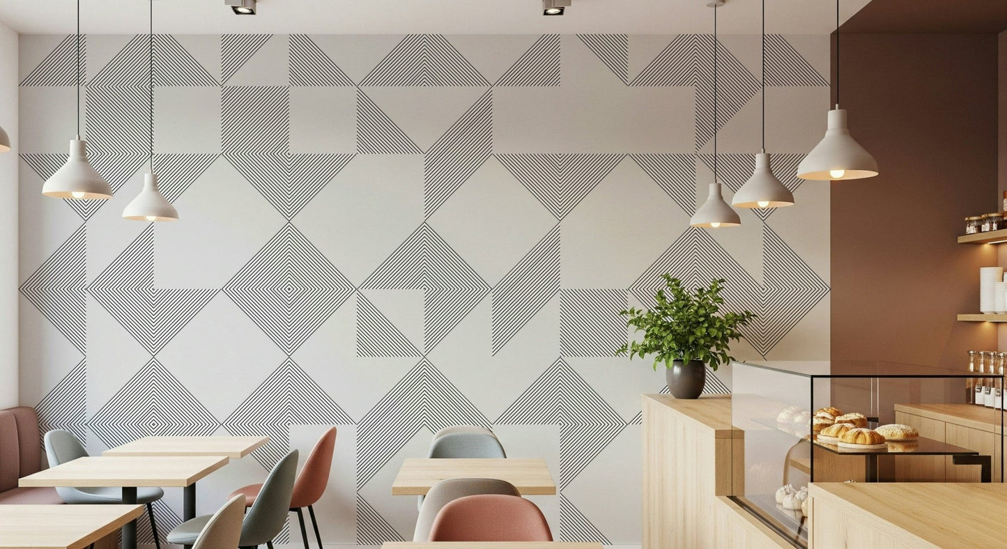 Linear diamonds and triangles forming a sleek contemporary pattern in this minimalist wallpaper.