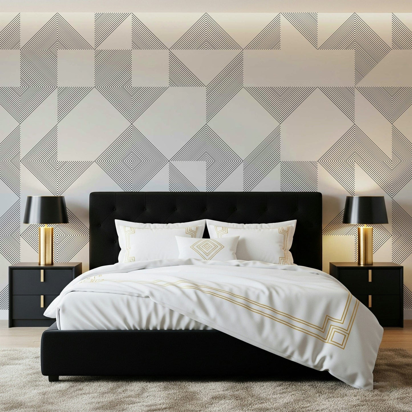 Abstract line-block shapes arranged in a balanced geometric pattern for a minimalist wallpaper look.