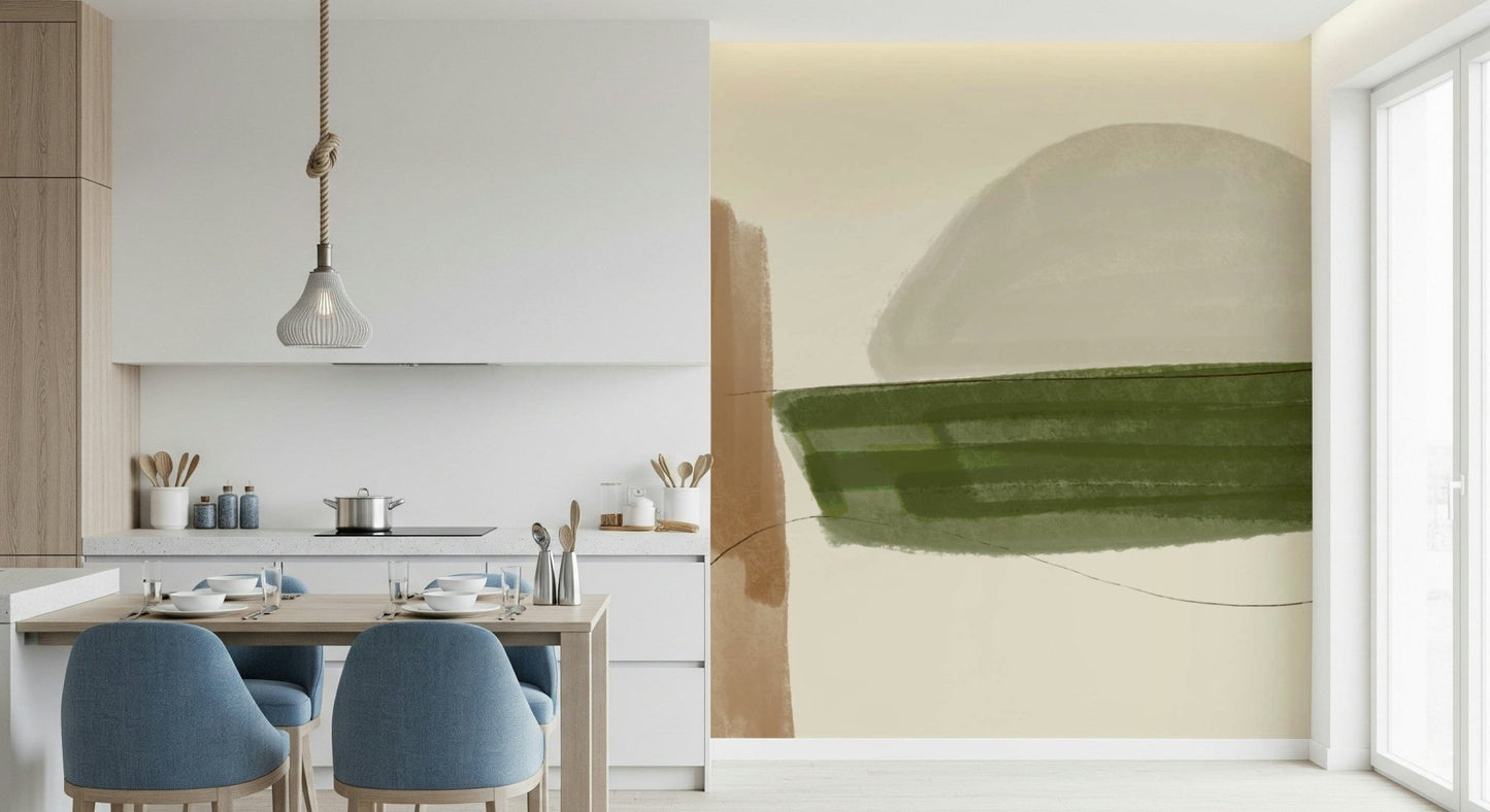 Minimalist Nature Tones abstract mural with green and brown shapes.