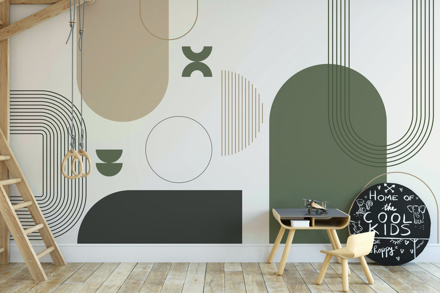 Soft tone mural with vintage curves and design

