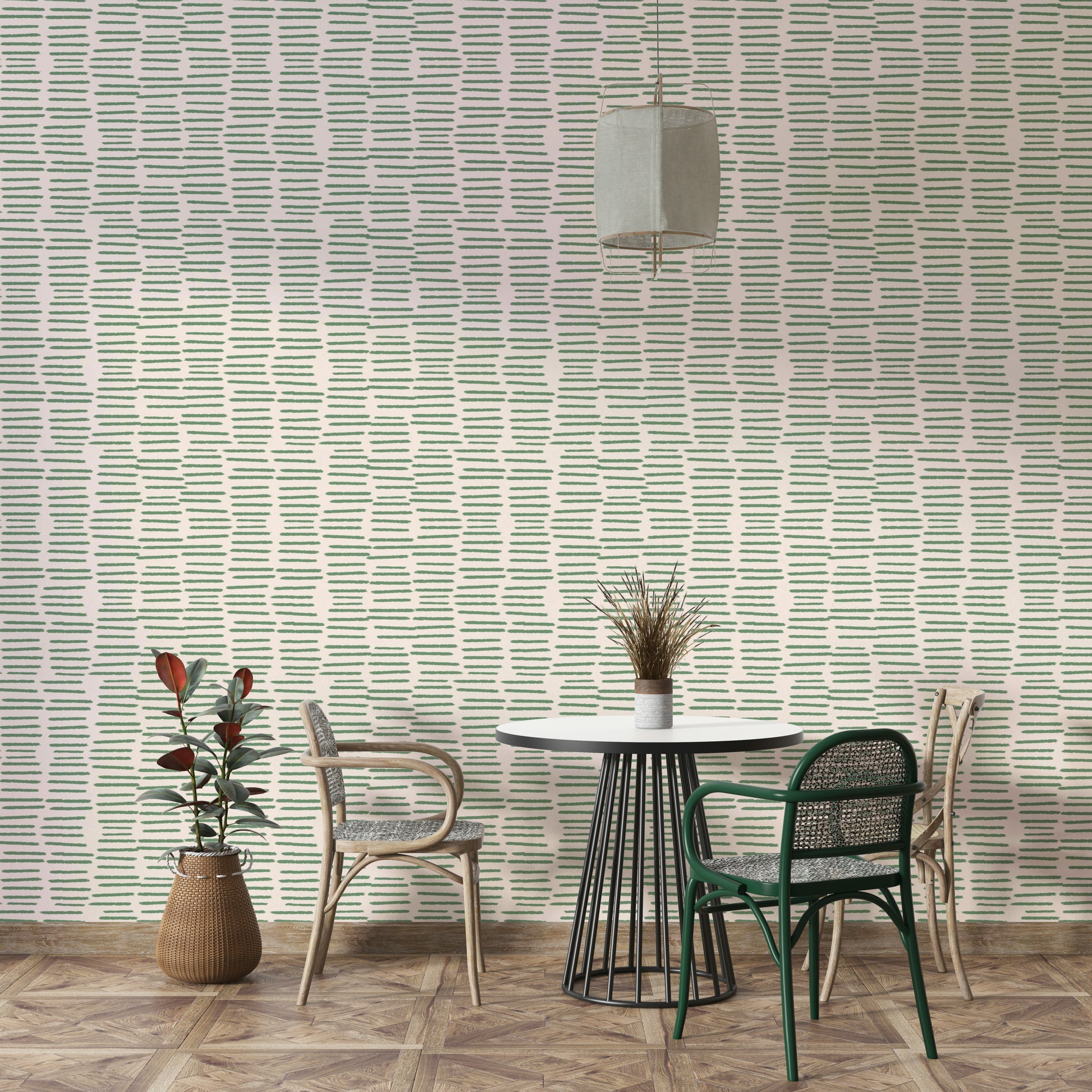 Abstract stripe wall design in earthy green hues

