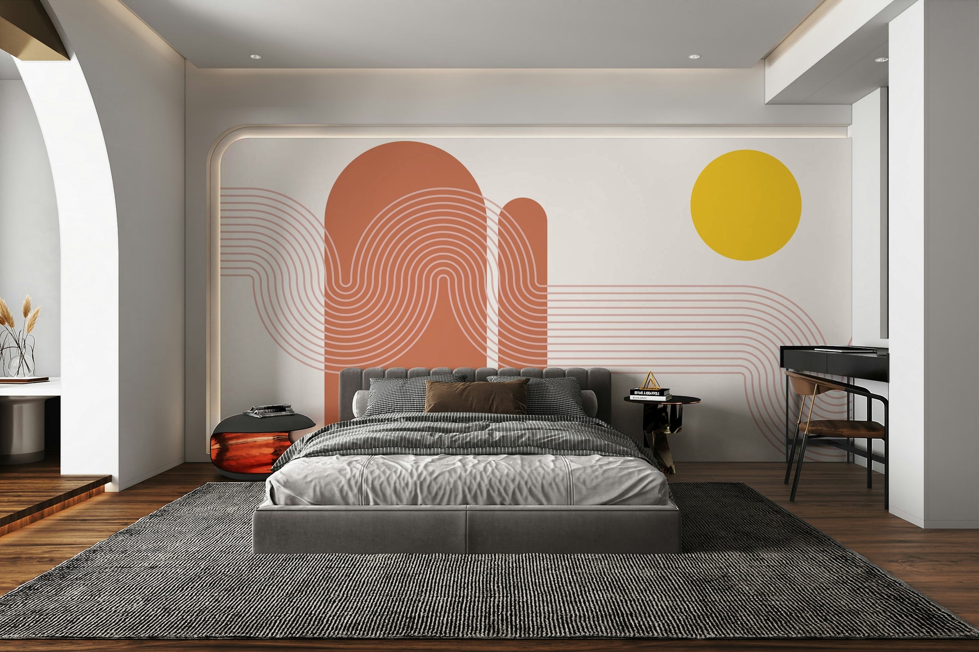 Abstract sunset mural with gentle pastel hues

