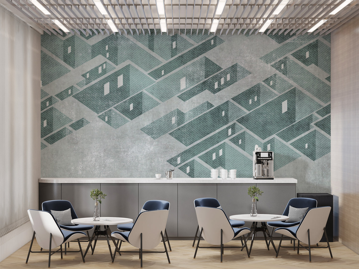 Modern mint green 3D geometric building vector wall mural
