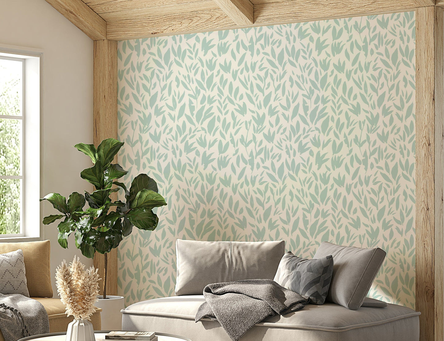 Mint green leaf pattern wallpaper for modern walls.