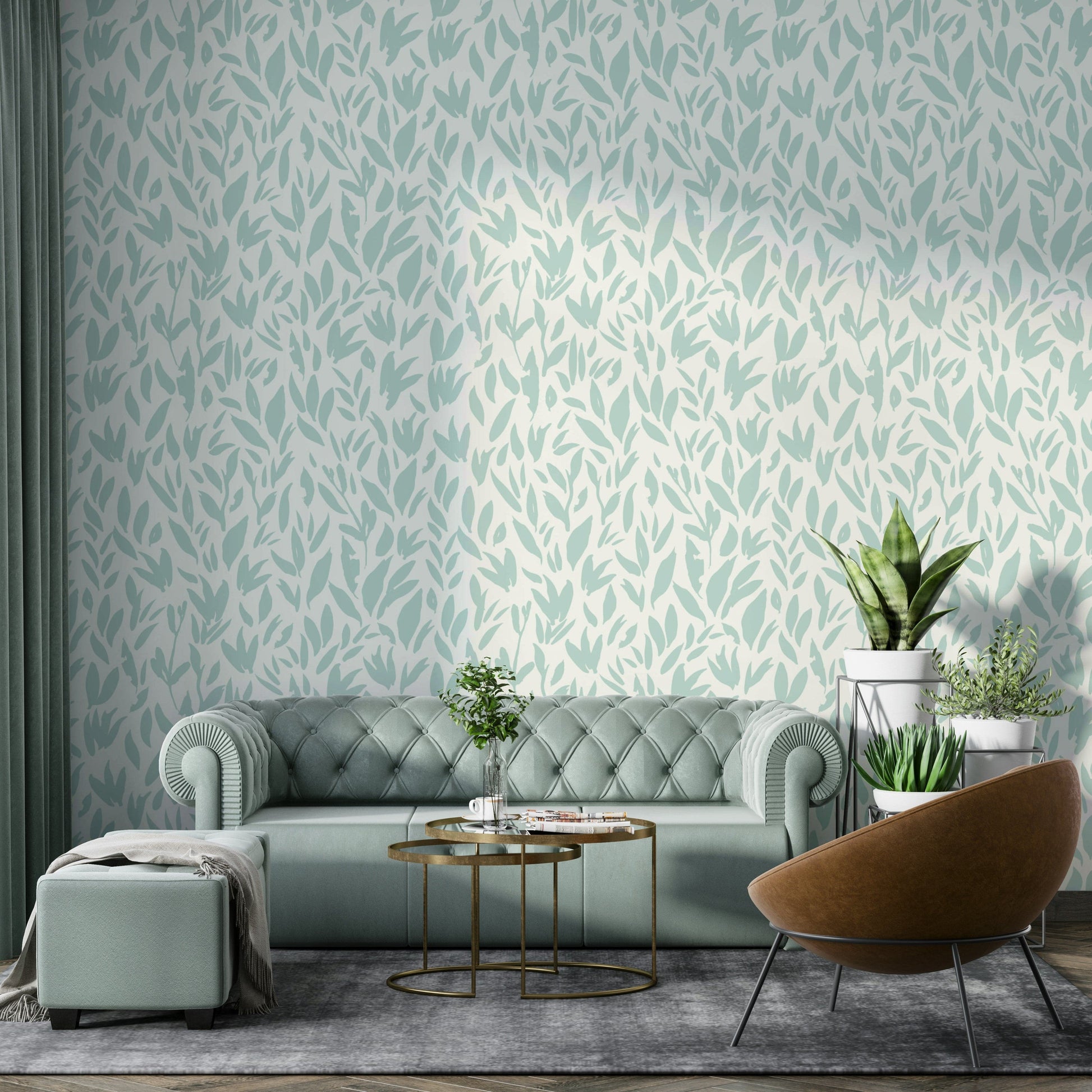 Light green nature-inspired wallpaper with silhouettes.