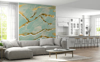 Luxe mint green Marble Wallpaper mural featuring an abstract design with striking golden veins.