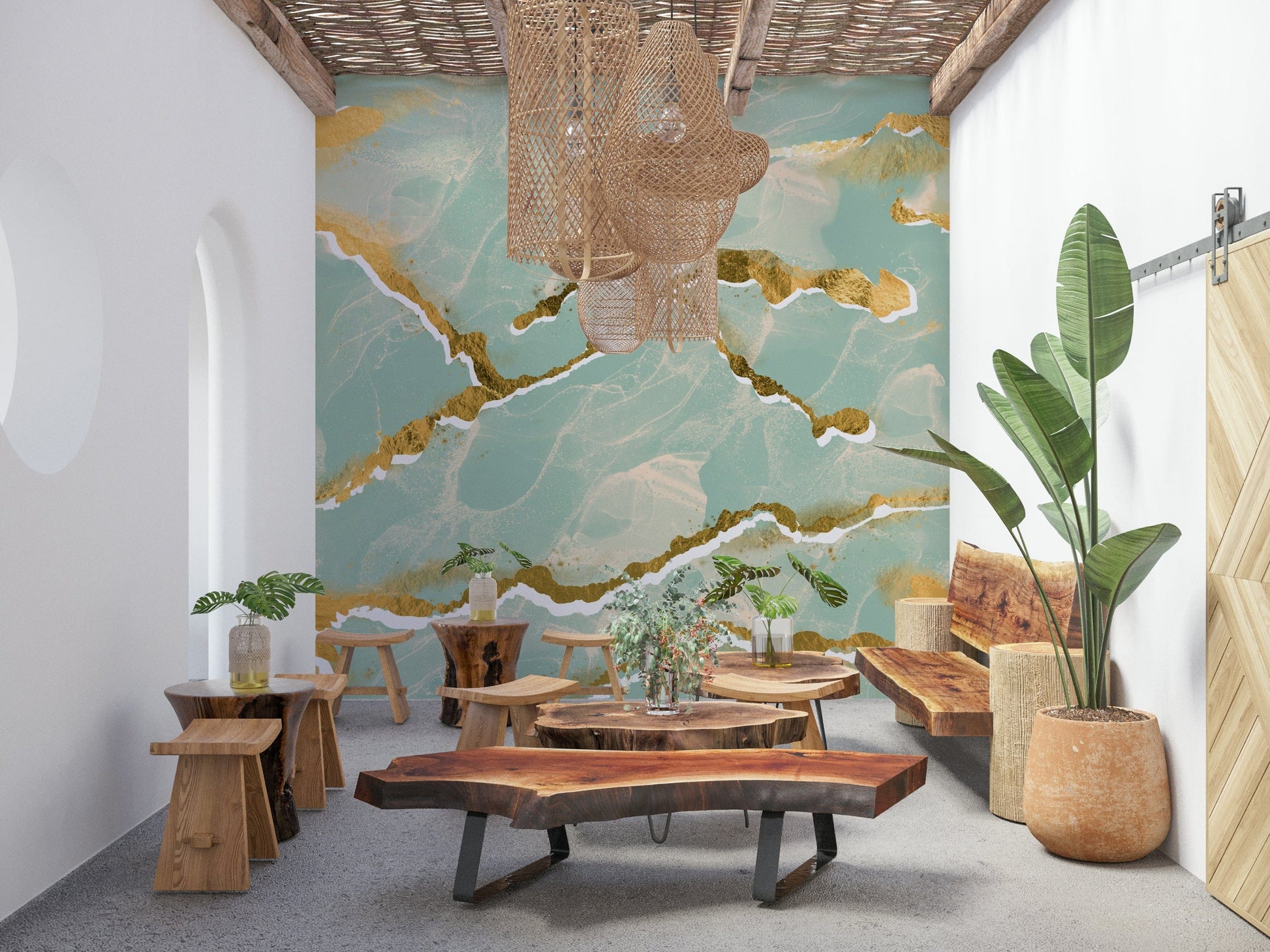 A modern abstract wall mural depicting a mint and gold Marble Wallpaper pattern, adding a luxe touch.