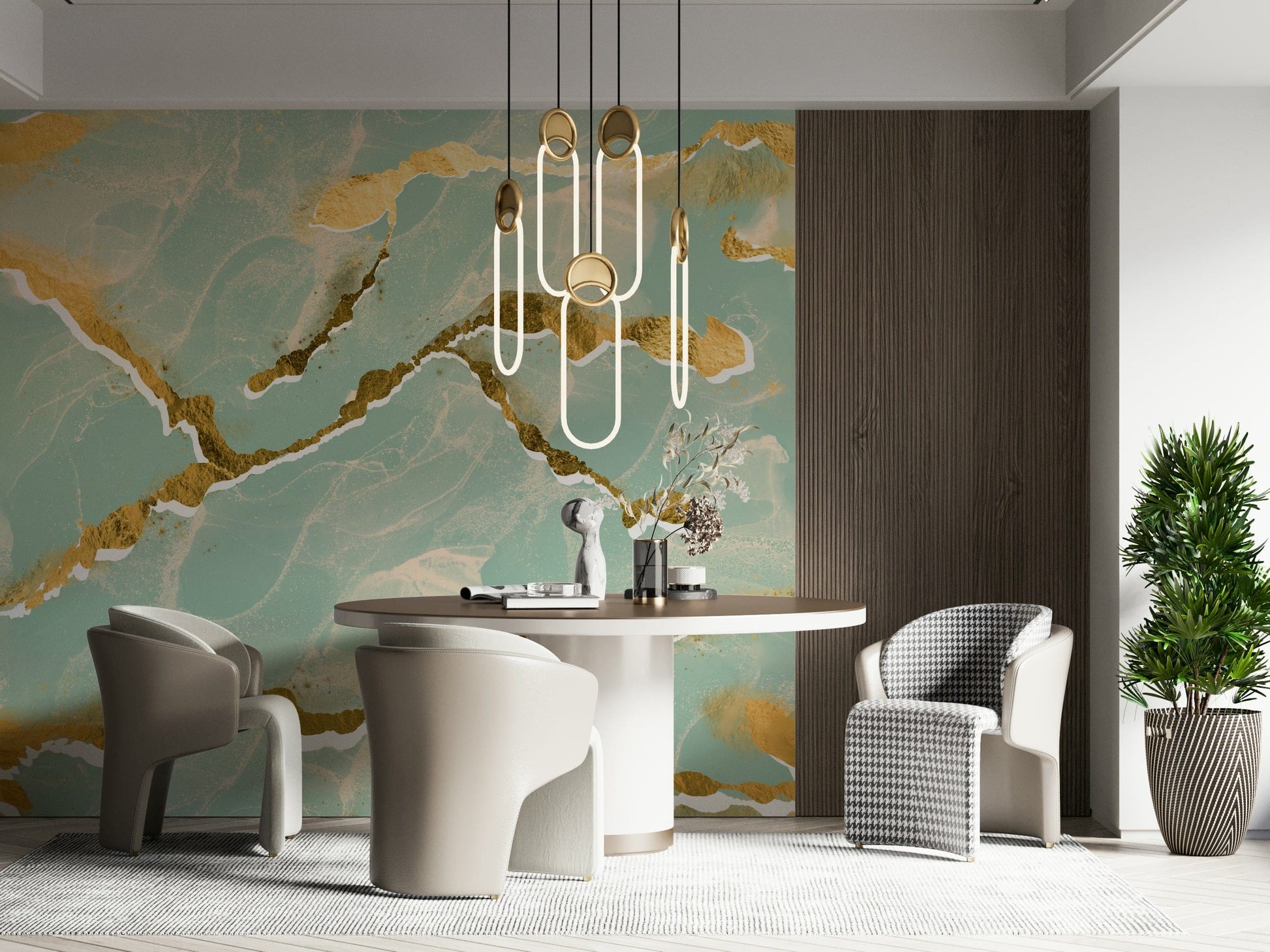 Elegant Marble Wallpaper in a soft mint green, highlighted by sophisticated golden veins for a modern look.