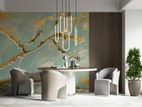 Elegant Marble Wallpaper in a soft mint green, highlighted by sophisticated golden veins for a modern look.