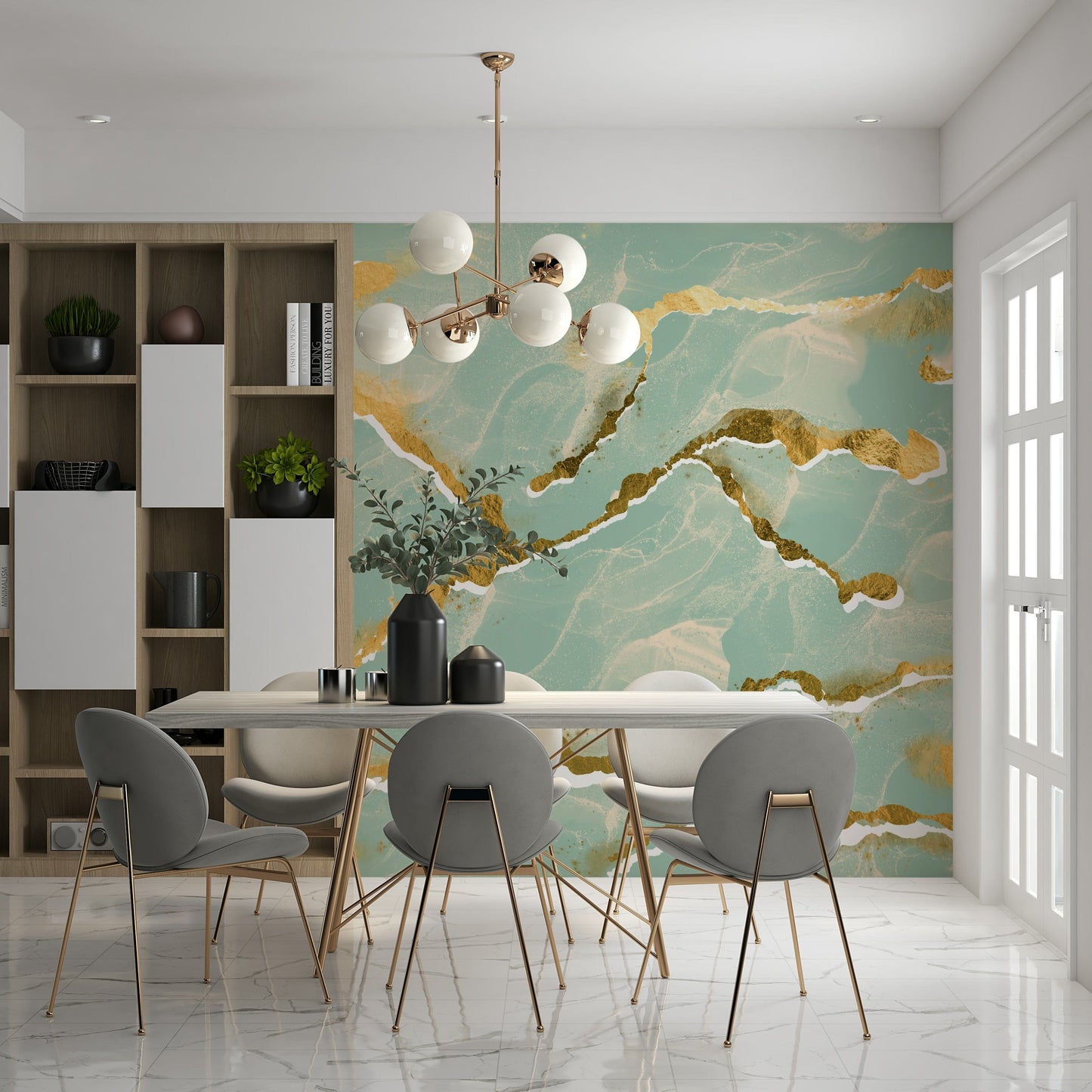 Modern Luxe Abstract Wall Mural with a mint whisper and golden vein Marble Wallpaper design.