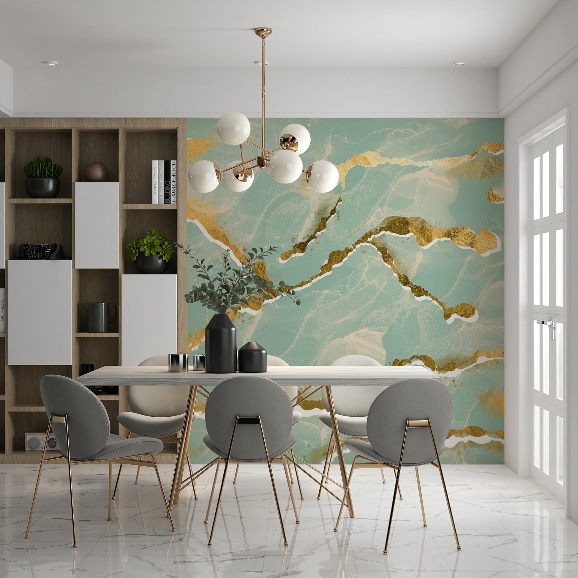 Modern Luxe Abstract Wall Mural with a mint whisper and golden vein Marble Wallpaper design.