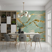 Modern Luxe Abstract Wall Mural with a mint whisper and golden vein Marble Wallpaper design.