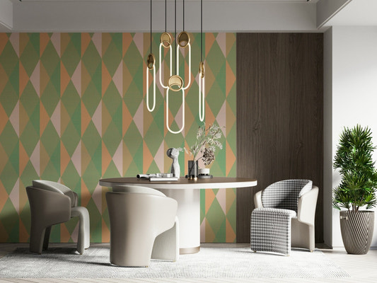 Mint peach wall mural brightens modern living room