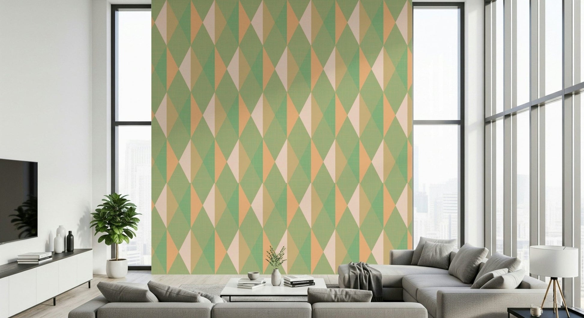 Triangle wall mural defines stylish lounge space