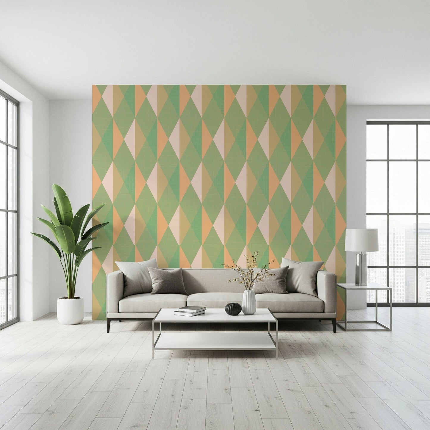 Green and peach prism wall covering Mint & Peach Triangles.