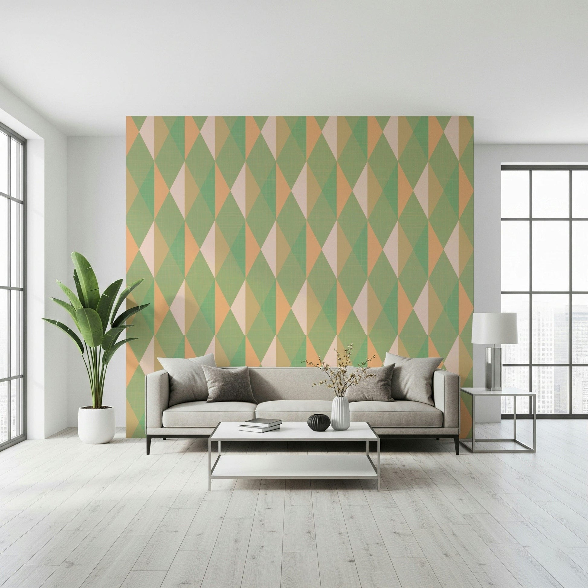 Green and peach prism wall covering Mint & Peach Triangles.