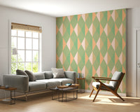 Peach and mint vertical lattice wallpaper for decoration.